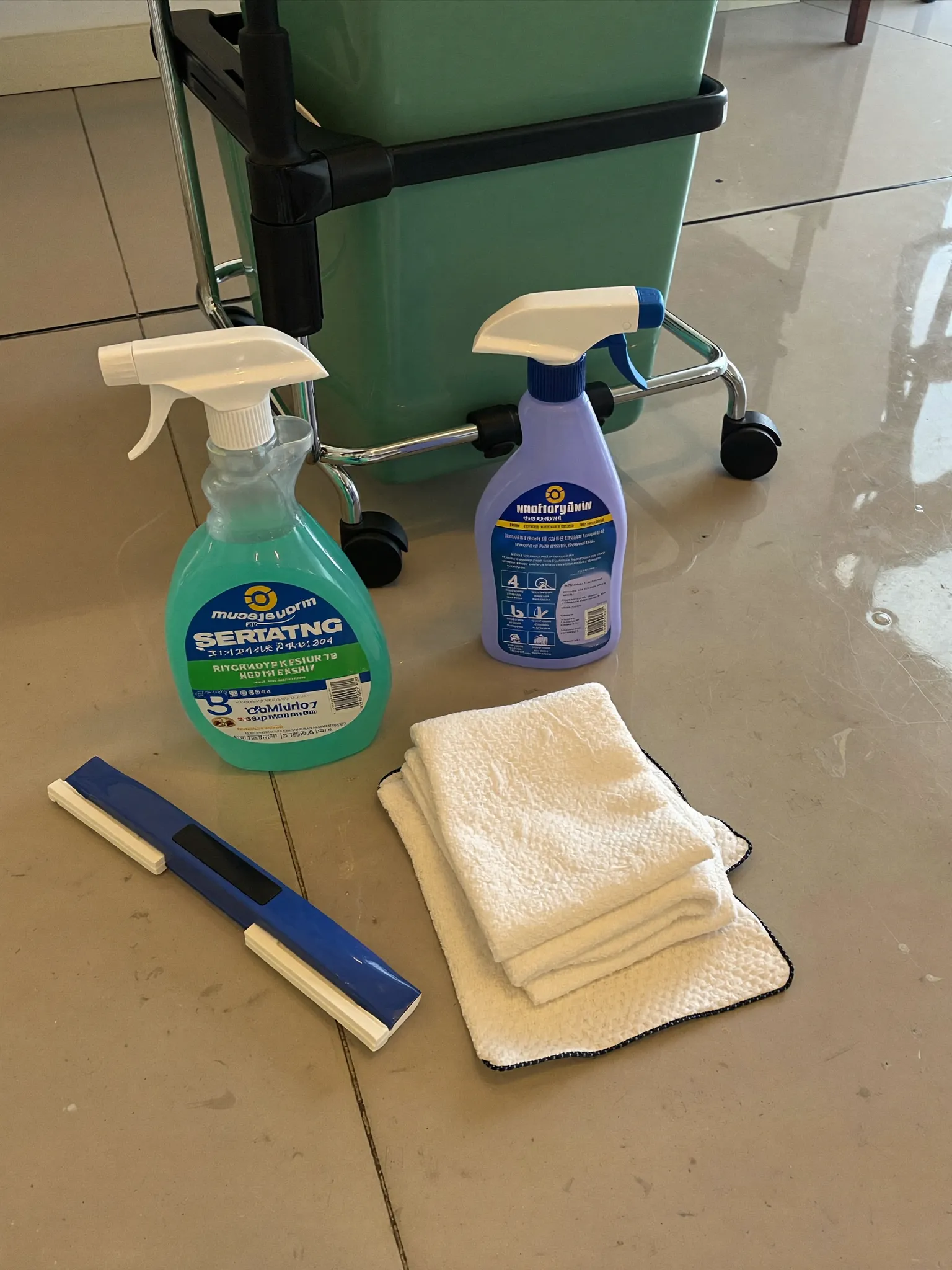 Neatly arranged professional cleaning supplies — microfibre cloths, spray bottles and a caddy — on a gleaming polished office floor in soft light
